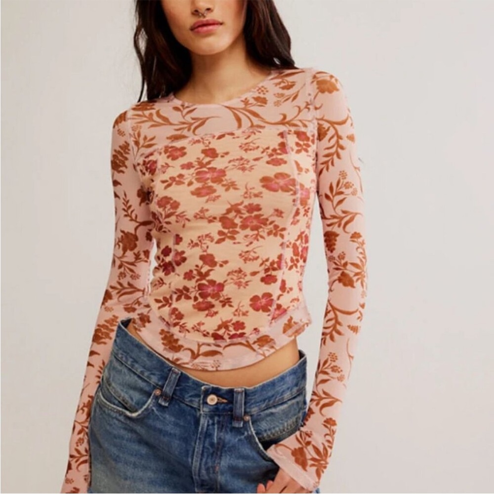 Free People Floral Mesh Blouse - Pink and Brown